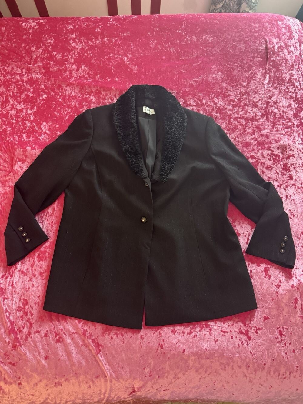 Emily Black Blazer Vintage Faux Fur Collar Detachable Women's 18W Pinstripe